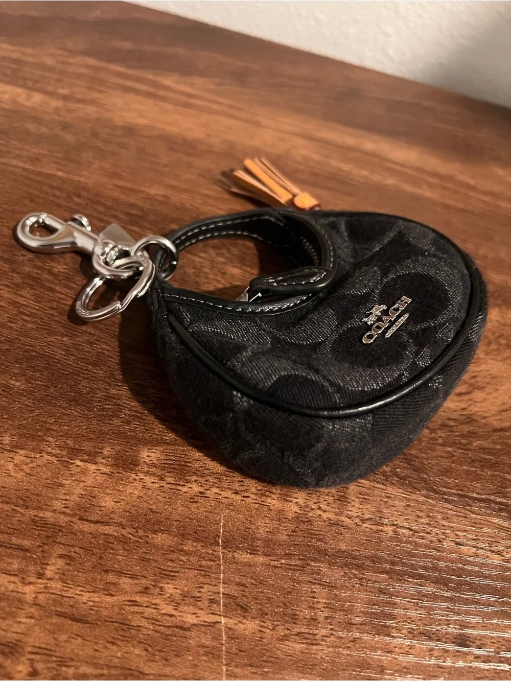 Coach Black Mini Signature Circle Bag Charm with Tan Tassel - Picture 3 of 11